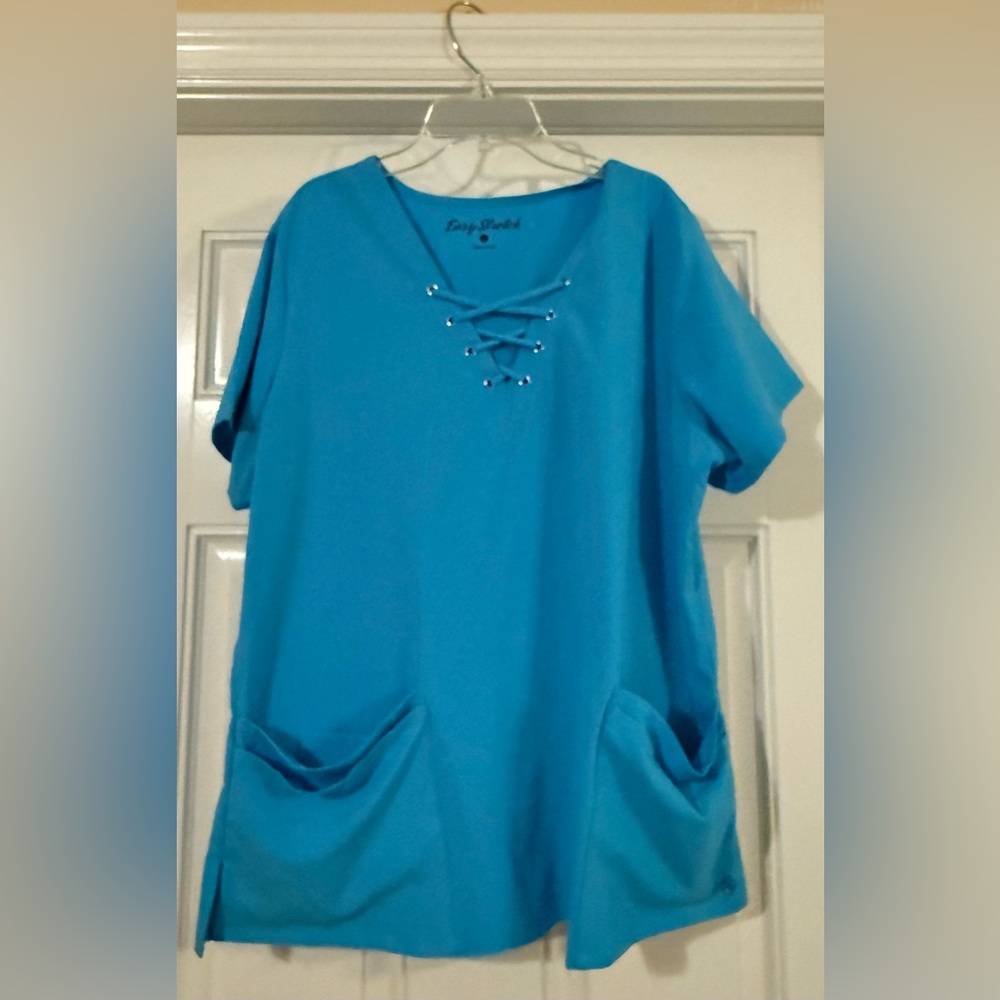Women's Blue Scrub Top with Lace-Up Detail